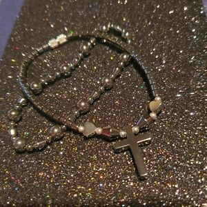 Black Hematite Cross & Beaded Stretch Bracelet Set